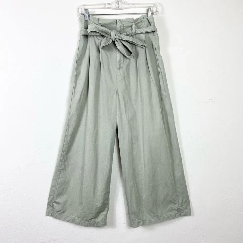 (6 Long) American Eagle Sage Green High Rise Cropped Ankle Wide Leg Belted Pants